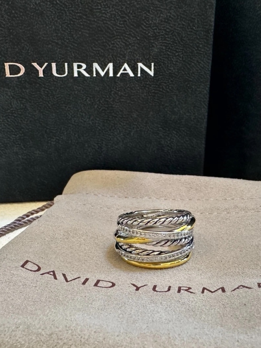 David Yurman Multi-Band Cable Ring in Silver and Gold with diamond pave’